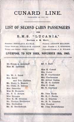 Passenger Manifest, Cunard Line RMS Lucania, 1905, Liverpool to New York 