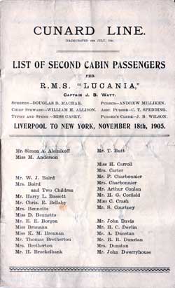 Passenger Manifest, Cunard Line RMS Lucania, 1905, Liverpool to New York