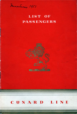 Front Cover of 1951 Passenger Manifest for the Cunard RMS Mauretania