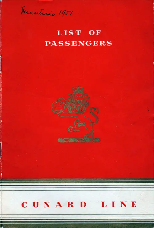 Front Cover of 1951 Passenger Manifest - Cunard RMS Mauretania