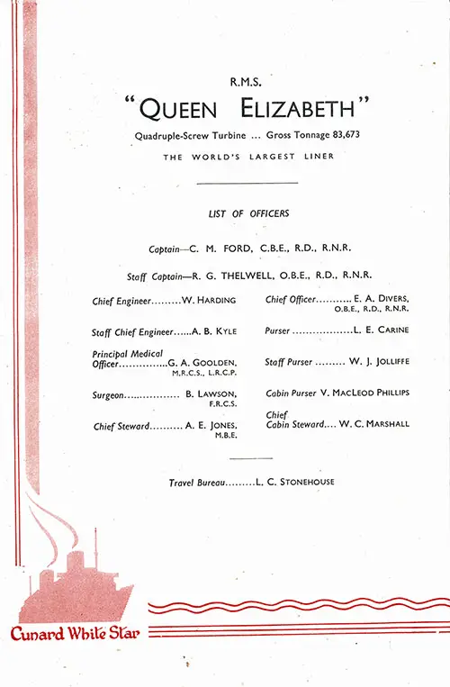 Senior Officers and Staff, RMS Queen Elizabeth Cabin Passenger List, 13 February 1947.