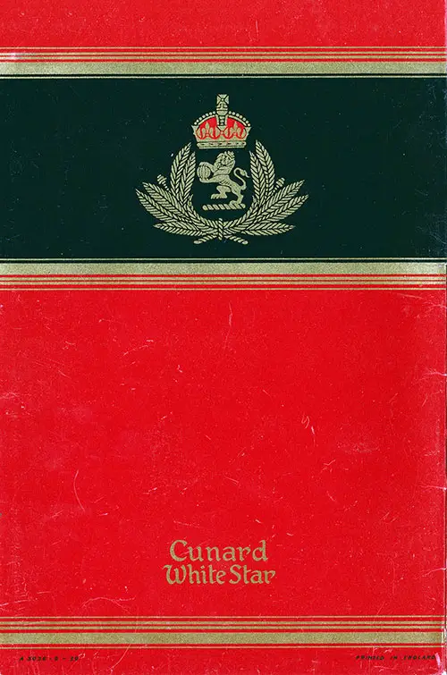 Back Cover, RMS Queen Elizabeth Cabin Passenger List, 13 February 1947.