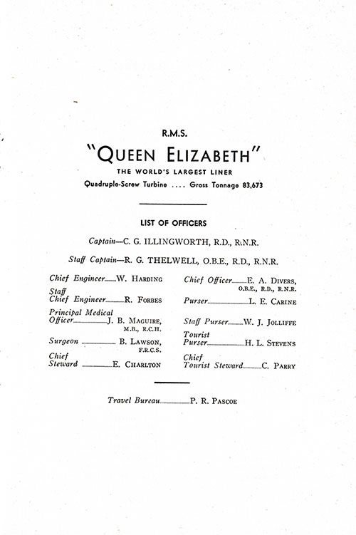 Senior Officers and Staff, RMS Queen Elizabeth Tourist Passenger List, 24 July 1947.