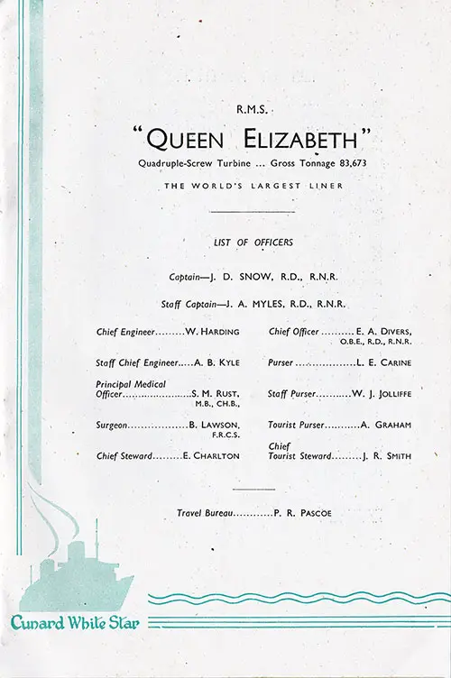 Senior Officers and Staff, RMS Queen Elizabeth Tourist Passenger List, 11 September 1947.