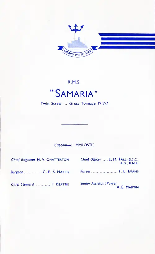 Senior Officers and Staff, RMS Samaria Cabin Passenger List, 24 July 1936.