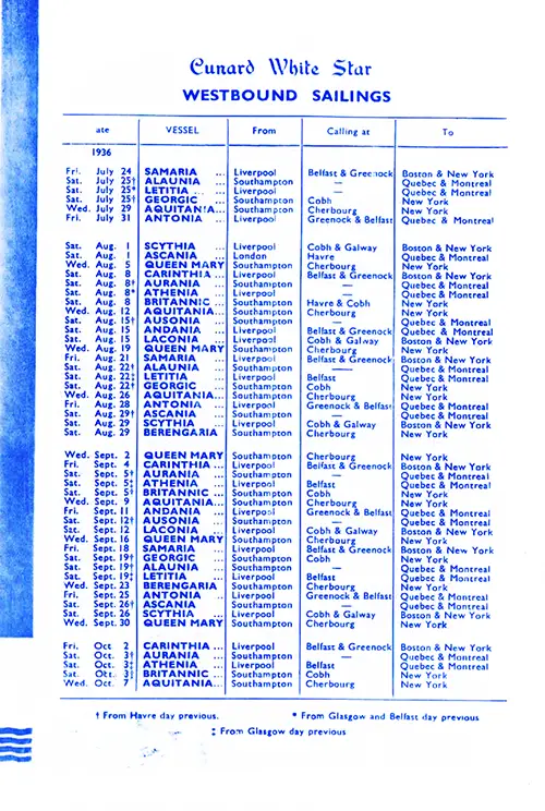 Westbound Sailing Schedule, from Liverpool or Southampton to Boston, New York, Québec, or Montréal via Belfast, Cherbourg, Greenock, Galway, or Le Havre, from 24 July 1924 to 7 October 1924.