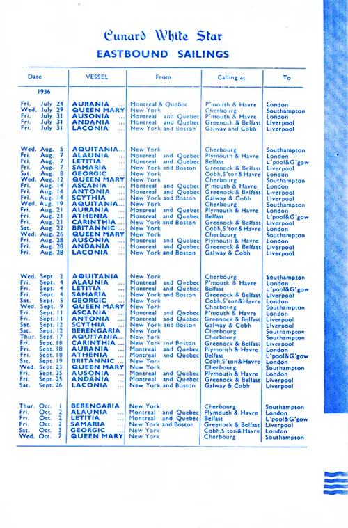 Eastbound Sailing Schedule, from Boston, New York, Québec, or Montréal to Glasgow, Liverpool, London, or Soutampton via Belfast, Cherbourg, Cobh, Galway, Greenock, Le Havre, or Plymouth, from 24 July 1936 to 7 October 1936.