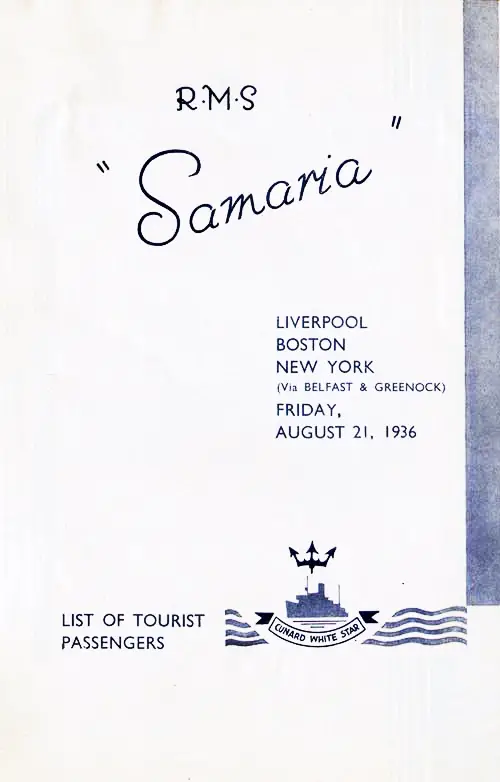 Title Page, RMS Samaria Tourist Class Passenger List, 21 August 1936.