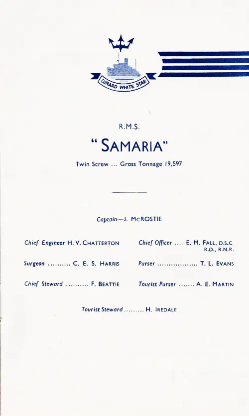 Senior Officers and Staff, RMS Samaria Tourist Passenger List, 21 August 1936.