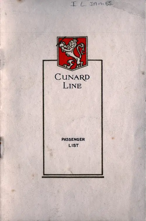 Front Cover of a Cabin Passenger List for the RMS Scythia of the Cunard Line Departing Saturday, 31 May 1930 from Liverpool to Boston and New York via Queenstown (Cobh) and Galway
