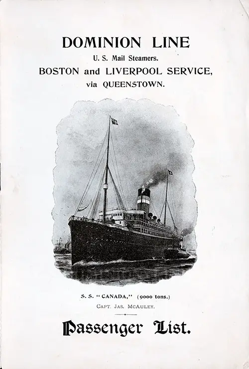 Front Cover - Passenger List, SS Canada, Dominion Line, January 1898 Boston to Liverpool 