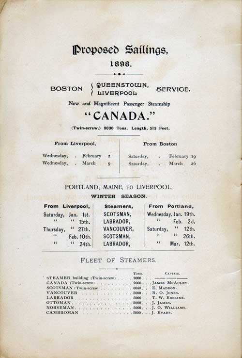 Proposed Sailings, February and March, 1898 for the Dominion Line.