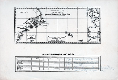 Track Chart - Passenger List, SS Canada, Dominion Line, January 1898 Boston to Liverpool 