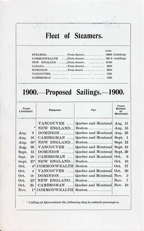 Sailing Schedule, Liverpool-Québec-Montréal or Liverpool-Boston, from 9 August 1900 to 10 November 1900.