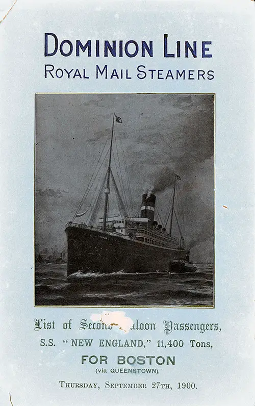 Front Cover - 27 September 1900 Passenger List, SS New England, Dominion Line