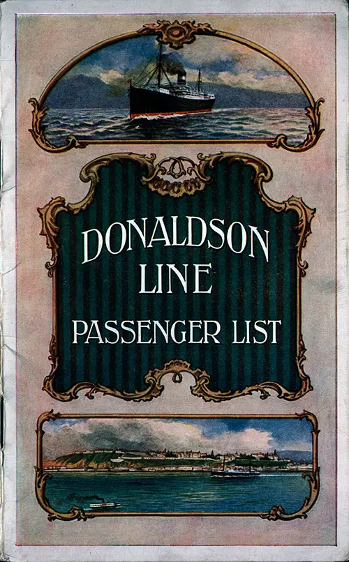 Front Cover, Cabin Passenger List for the TSS Cassandra of the Donaldson Line, Departing 29 August 1914 from Glasgow to Québec and Montréal.