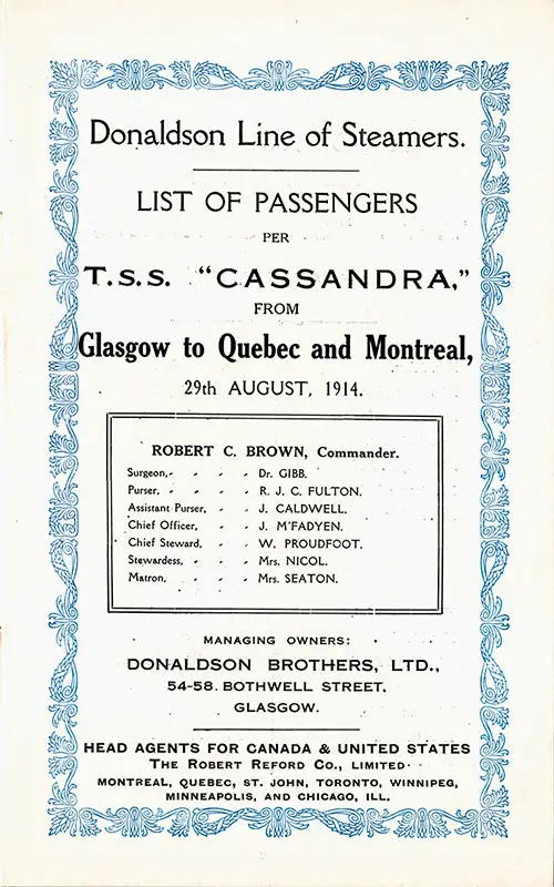 Title Page Includes Senior Officers and Staff, SS Cassandra Cabin Passenger List, 29 August 1914.
