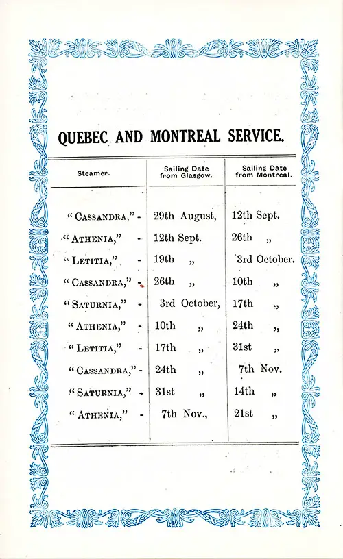 Sailing Schedule, Glasgow-Quebec-Montreal, from 29 August 1914 to 21 November 1914.