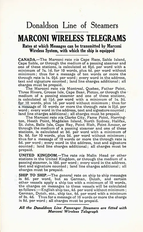Marconi Wireless Telegrams on the Donaldson Line of Steamers. SS Cassandra Passenger List, 29 August 1914.