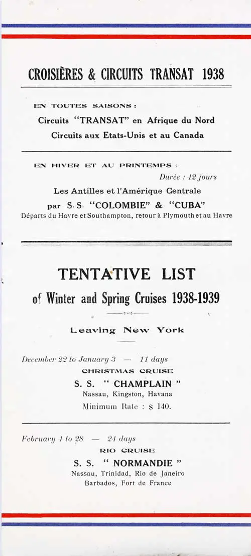 Advertisement for 1938 Cruises on Board the SS Colombie, SS Cuba, SS Champlain, and SS Normandie.