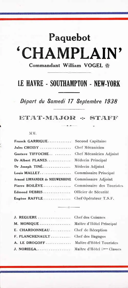 Title Page Including Senior Officers and Staff, SS Champlain Passenger List, 17 September 1938.