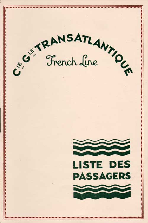 Front Cover, Passenger List, CGT French Line, SS De Grasse, 6 June 1929