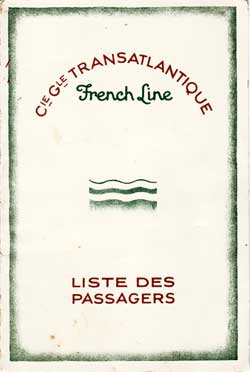 Front Cover, Passenger List, SS De Grasse, CGT French Line, 4 July 1929