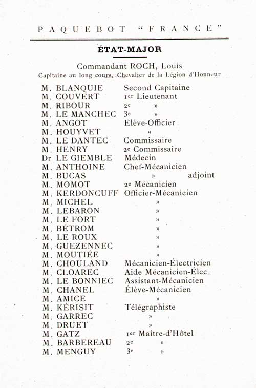 Senior Officers and Staff, SS France Cabin Passenger List, 5 October 1922.