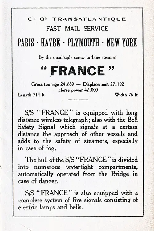 Advertisement -- Fast Mail Service, Paris-Le Havre-Plymouth-New York by the SS France.