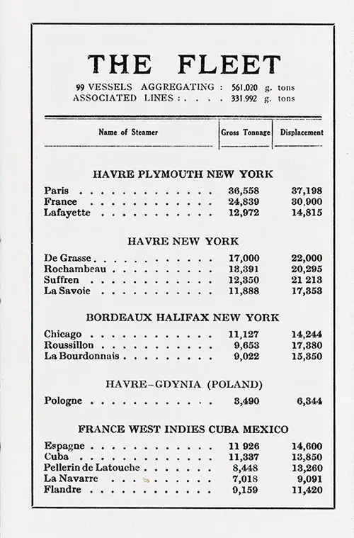 Compagnie Générale Transatlantique (CGT) French Line Fleet List, 1924, Part 1 of 4.