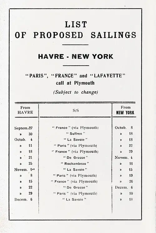 Sailing Schedule, Le Havre-New York via Plymouth, from 27 September 1924 to 18 December 1924.