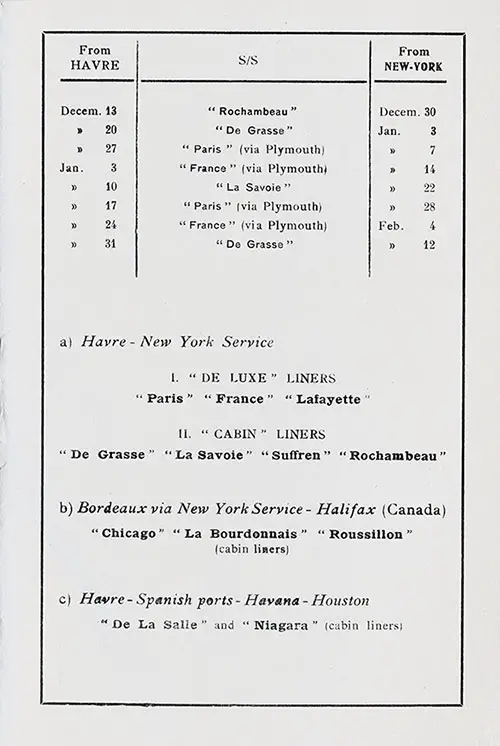 Sailing Schedule, Le Havre-New York via Plymouth, from 13 December 1924 to 12 February 1925.