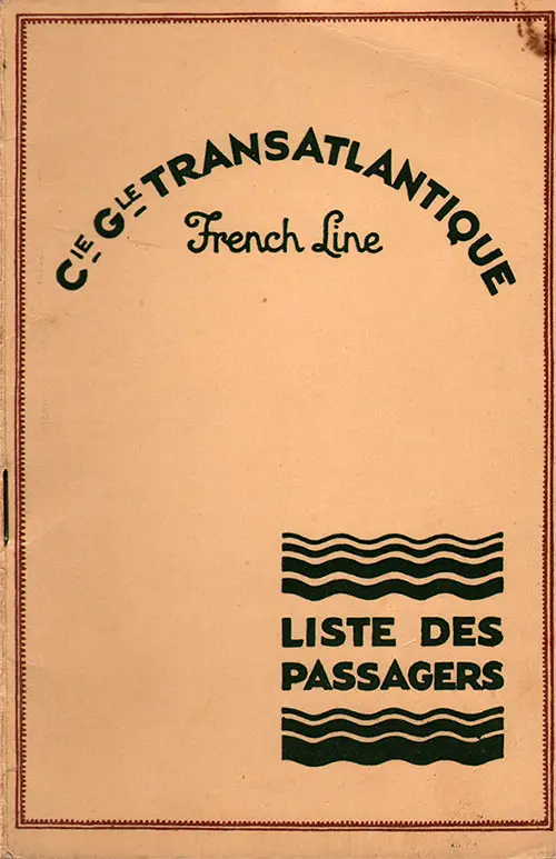 Cabin Passenger List for the SS France of the CGT French Line, Departing 29 May 1931 from New York for Le Havre.