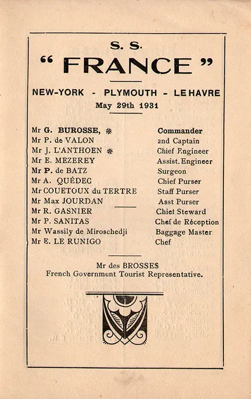 Title Page with Listing of Senior Officers and Staff, SS France Cabin Passenger List, 29 May 1931.