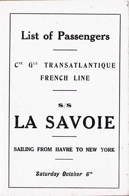 Title Page, SS La Savoie Cabin Passenger List, 6 October 1923.