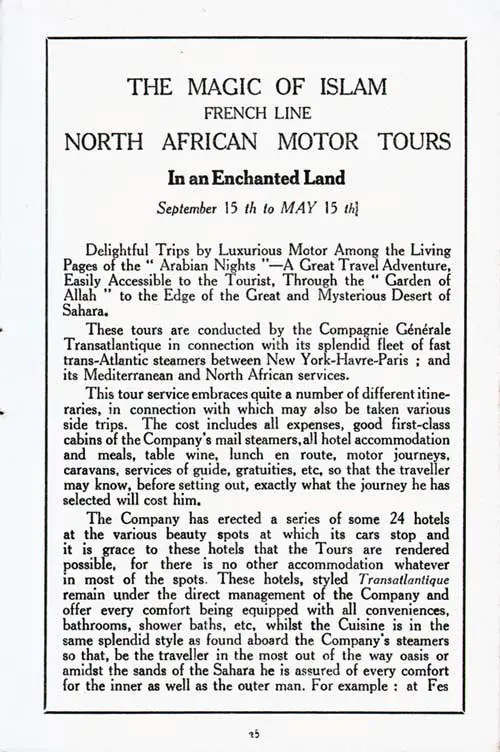 Advertisement: North African Motor Tours 15 September 1923 to 15 May 1924.