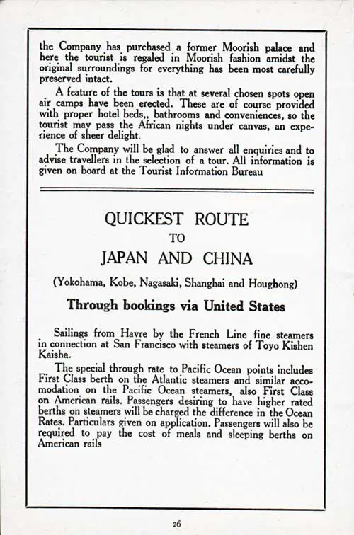 Advertisement: North African Motor Tours 15 September 1923 to 15 May 1924 (Concluded). Quickest Route to Japan and China (Yokohama, Kobe, Nagasaki, Shanghai, and Houghong).
