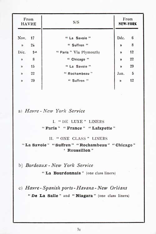 Sailing Schedule, Le Havre-New York, from 17 November 1923 to 12 January 1924.