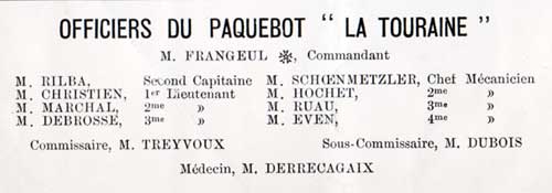 Senior Officers and Staff on the SS La Touraine for the 29 August 1891 Voyage from Le Havre to New York.
