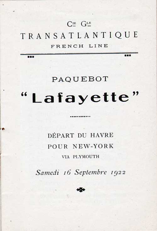 Title Page, SS Lafayette Cabin Passenger List, 16 September 1922.