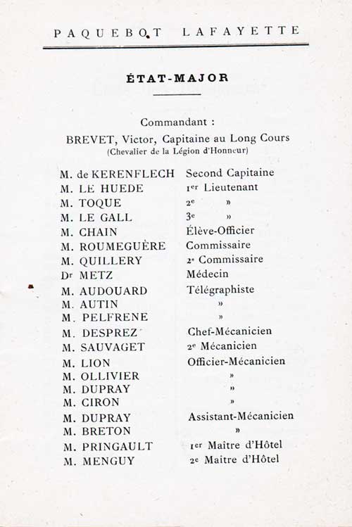 List of Senior Officers and Staff, SS Lafayette Cabin Passenger List, 16 September 1922.