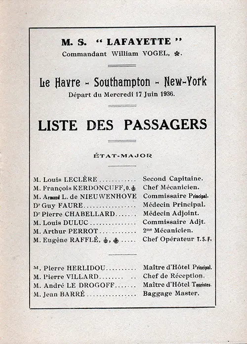 Title Page With Listing of Senior Officers and Staff, SS Lafayette Tourist Passenger List, 17 June 1936.