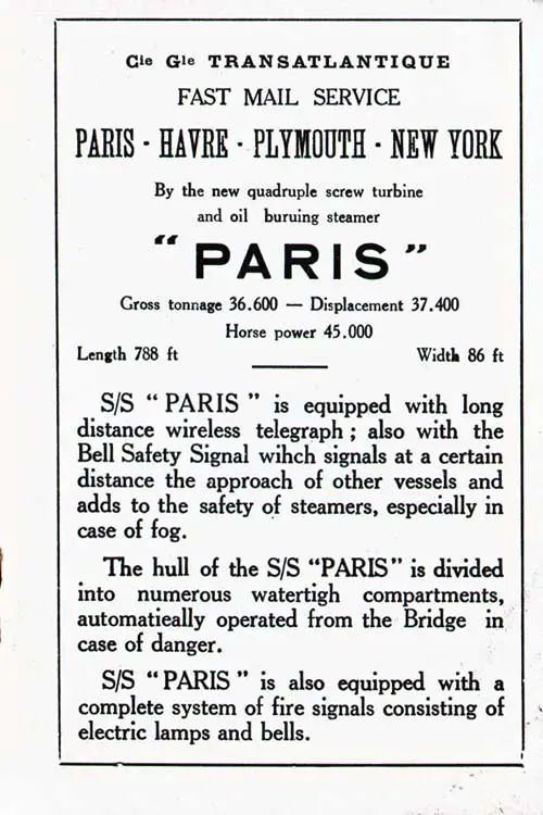Fast Mail Service, Paris-Havre-Plymouth-New York By the New Quadruple Screw Turbine and Oil Burning Steamer "Paris."