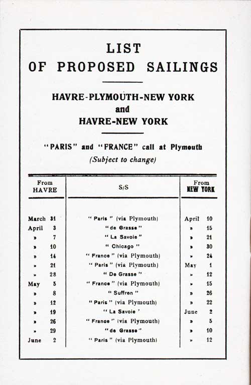 Sailing Schedule (Part 1 of 2), Le Havre-Plymouth-New York and Le Havre-New York, from 31 March 1926 to 12 June 1926.