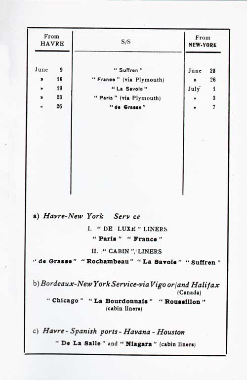 Sailing Schedule (Part 2 of 2), Le Havre-Plymouth-New York and Le Havre-New York, from 9 June 1926 to 7 July 1926.