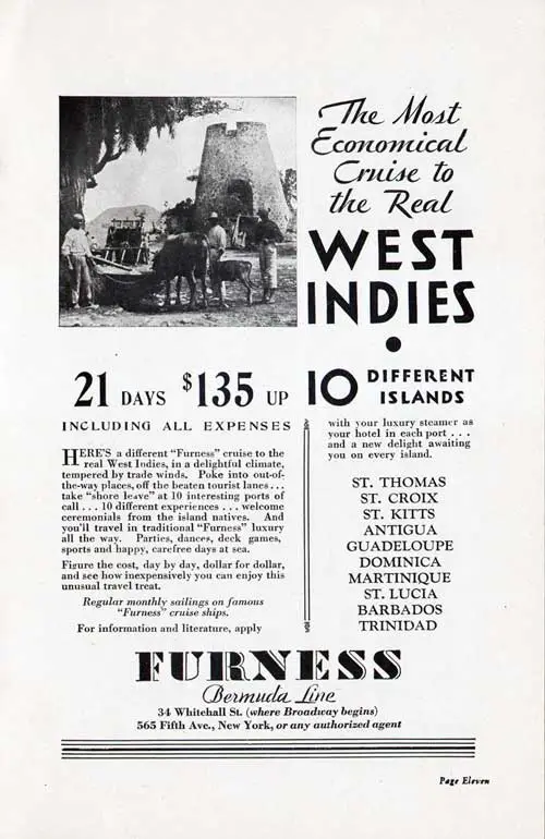 1931 Advertisement, Furness Bermuda Line: The Most Economical Cruise to the Real West Indies: 21 Days $135 Up, 10 Different Islands.