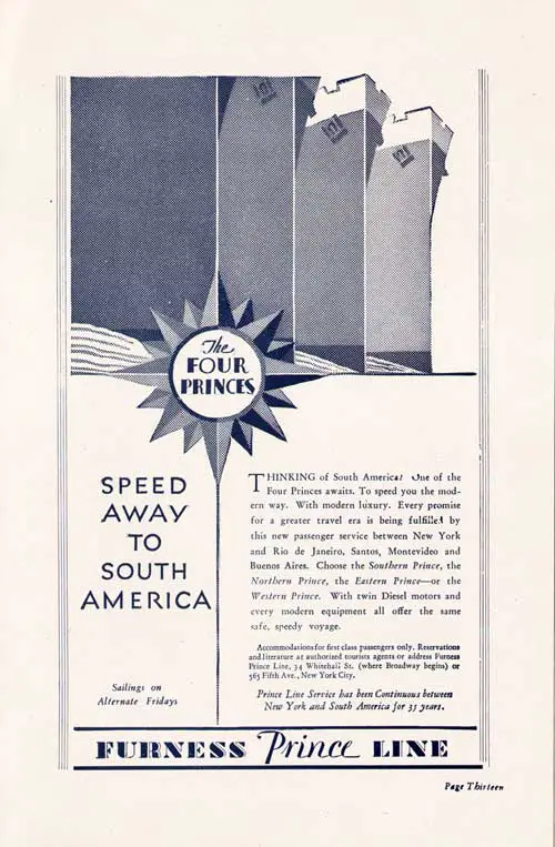 Advertisement, Furness Prince Line, 1931. The Four Princes: Speed Away to South America.
