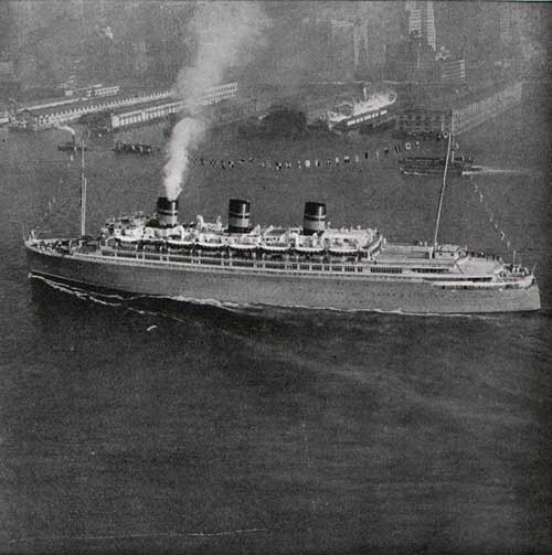 An unusual view of the "SS MONARCH OF BERMUDA" entering New York harbor.