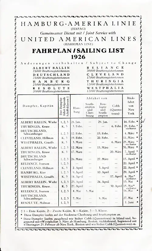 Scheduled Sailings, Hamburg-Amerika Linie (HAPAG), and United American Lines (Harriman Line) from 28 January 1926 to 1 June 1926.