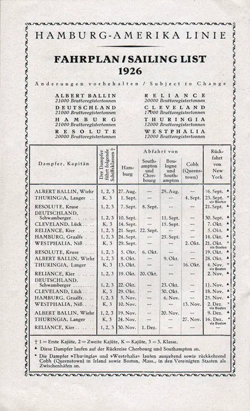 Scheduled Sailings, Hamburg-Amerika Linie (HAPAG), and United American Lines (Harriman Line) from 27 August 1926 to 1 December 1926.
